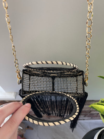 Iraca Palm Bag - Black Woven Circle Crossbody with Fringe