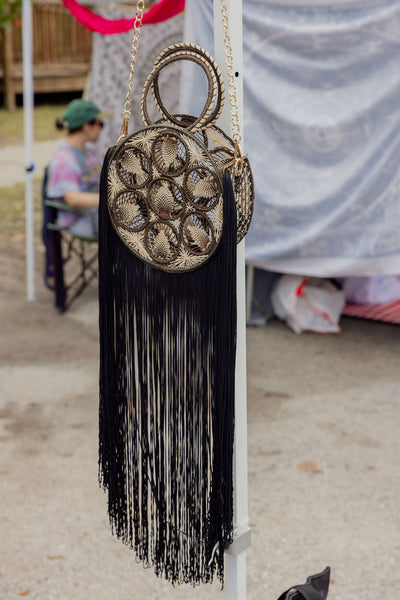 Iraca Palm Bag - Black Woven Circle Crossbody with Fringe