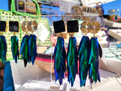 Full Wing Beetle Earrings - Black Enamel Square Top