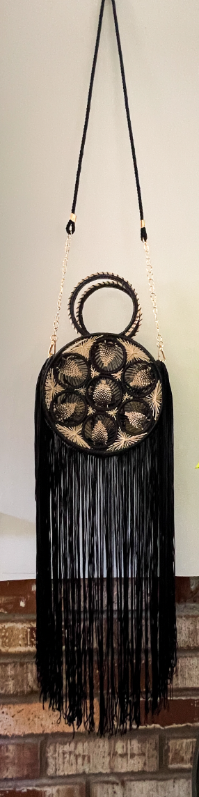 Iraca Palm Bag - Black Woven Circle Crossbody with Fringe