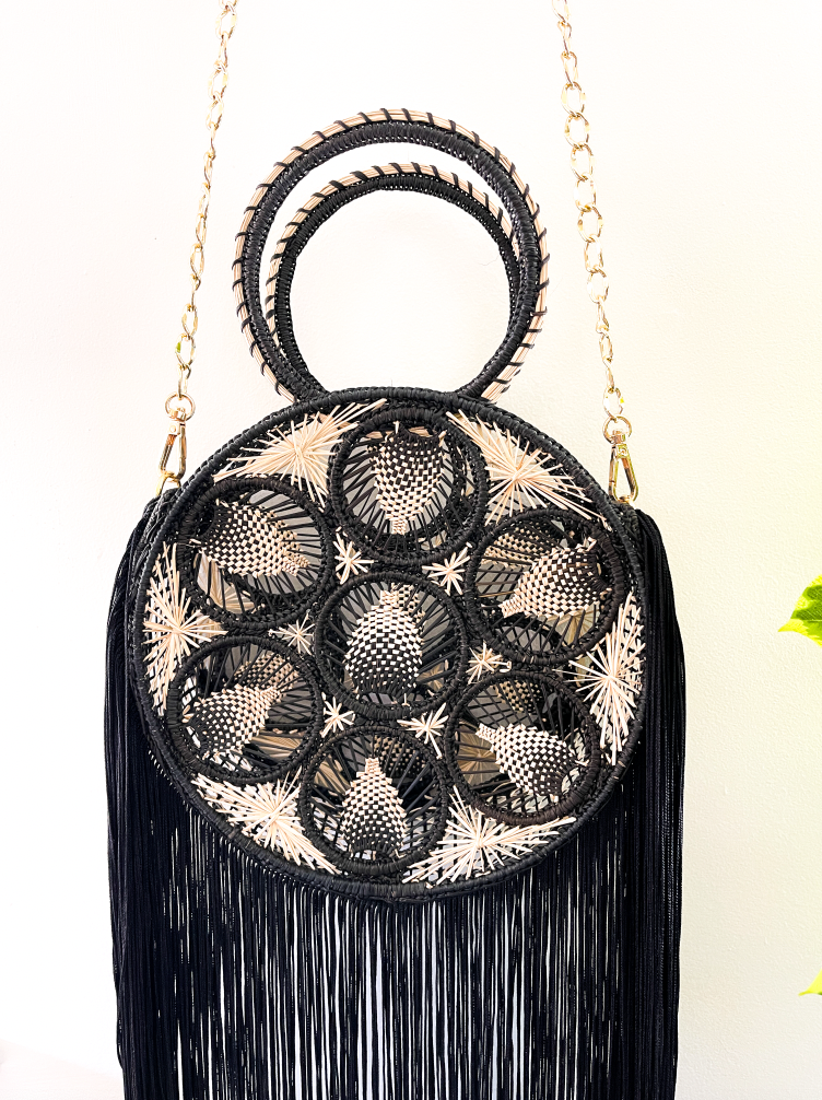 Iraca Palm Bag - Black Woven Circle Crossbody with Fringe