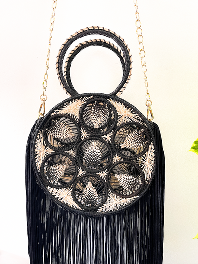 Iraca Palm Bag - Black Woven Circle Crossbody with Fringe