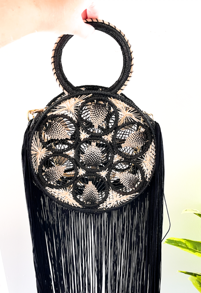 Iraca Palm Bag - Black Woven Circle Crossbody with Fringe