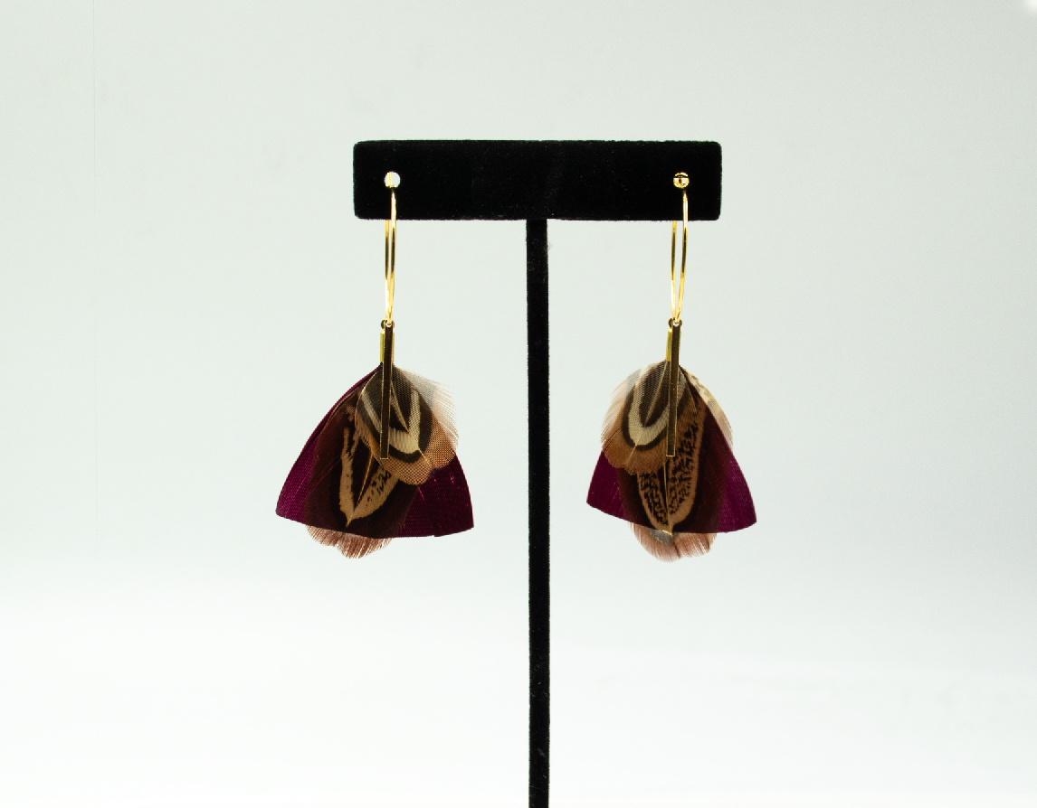 Feather Wisp Earrings - Burgundy and Pheasant