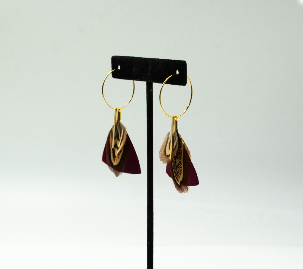 Feather Wisp Earrings - Burgundy and Pheasant