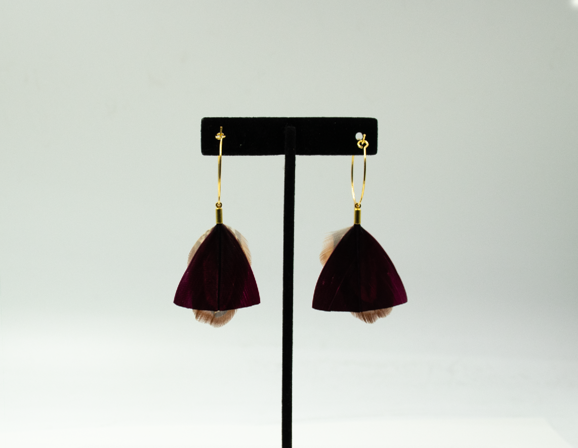 Feather Wisp Earrings - Burgundy and Pheasant