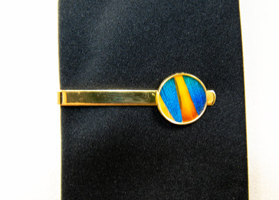 Feather Tie Clip - Blue Peacock and Yellow Venery Pheasant with Gold Bar