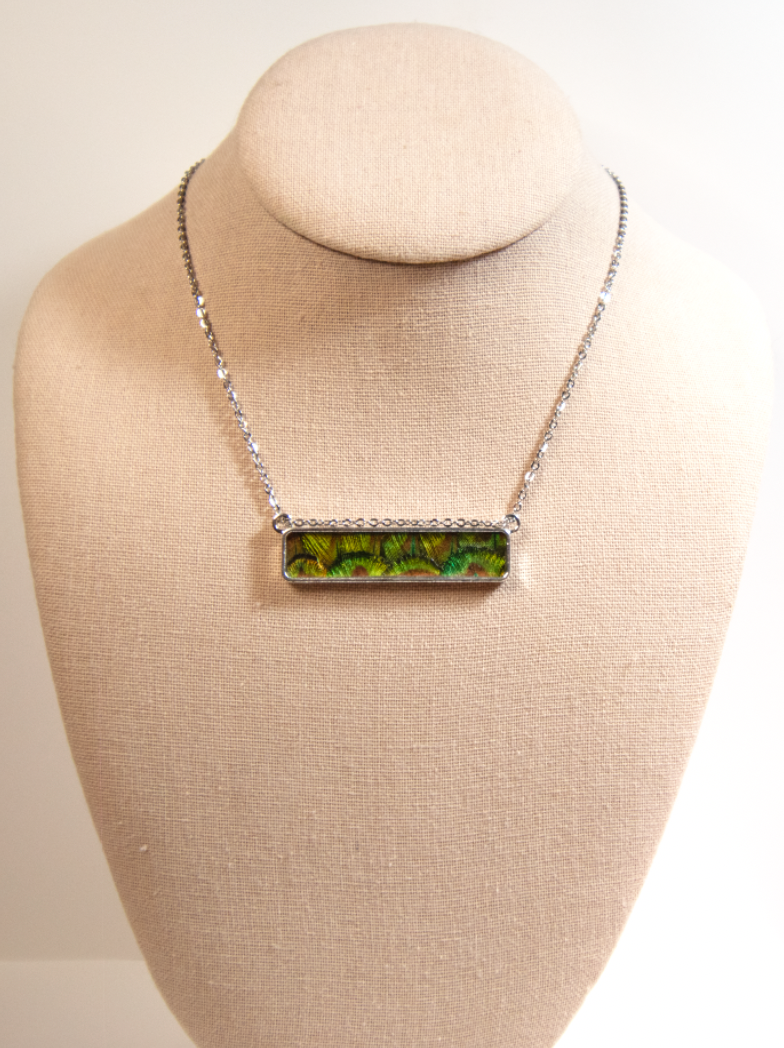 Feather Bar Necklace - Green Peacock