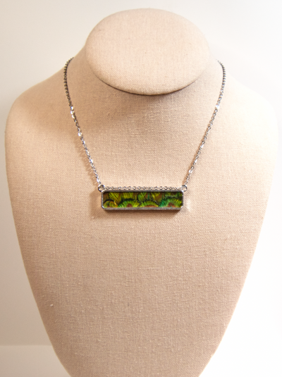 Feather Bar Necklace - Green Peacock