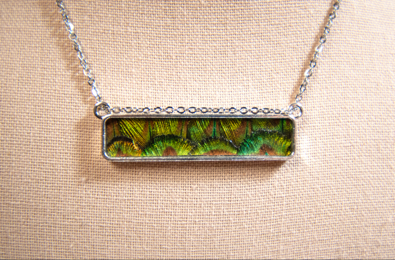 Feather Bar Necklace - Green Peacock