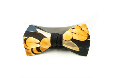 Feather Bow Tie 34 - Pheasant and Dyed Goose Feathers with Shiny Gold