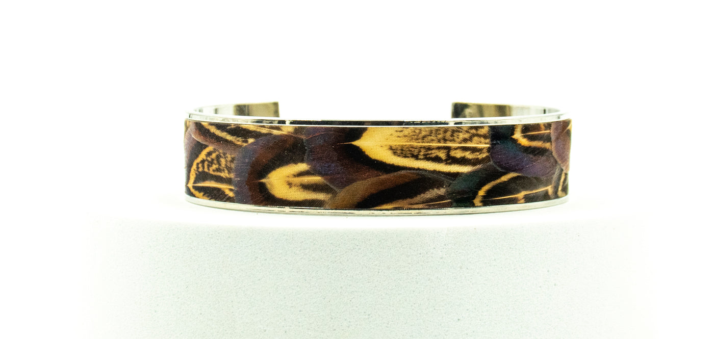 Feather Cuff Bracelet - Silver - Wide Brown Pheasant