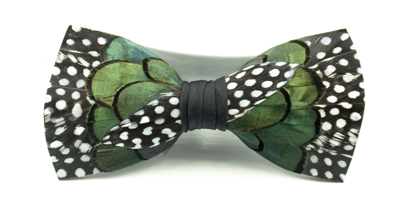 Feather Bow Tie 19 - Large Dotted Guinea & Green Pheasant