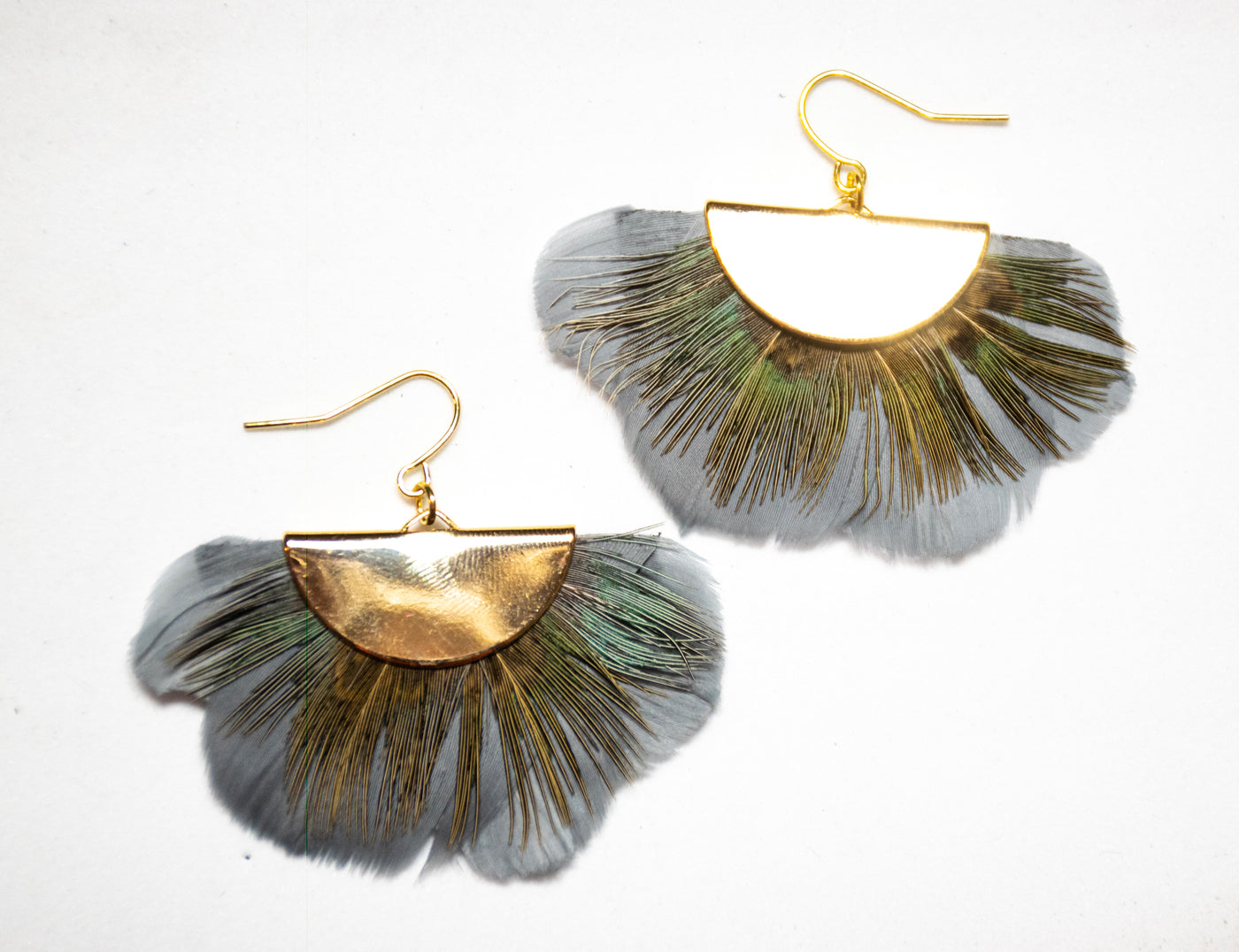 Gray Goose and Blue Pheasant Feather Half-Moon Earrings