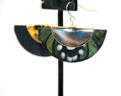 Green Pheasant and Guinea Feather Half-Moon Earrings