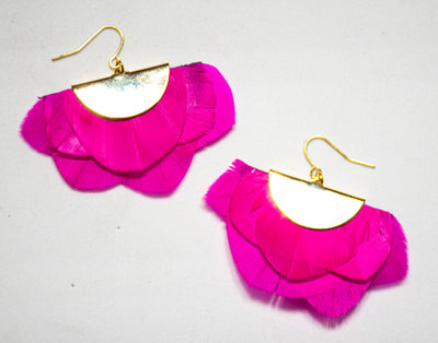 Feather Half-Circle Earrings - Hot Pink Fluffies